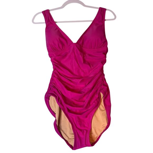 J.Crew Radiant Fuchsia Ruched V-Neck One Piece Swimsuit Size 8 NWT - Picture 2 of 4